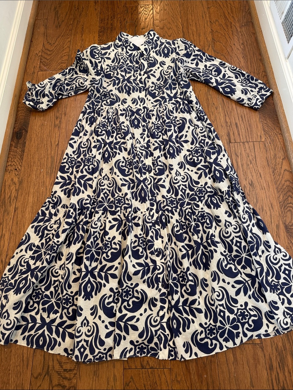 Zara Navy/White Floral Tiered Cotton Maxi Dress, Small